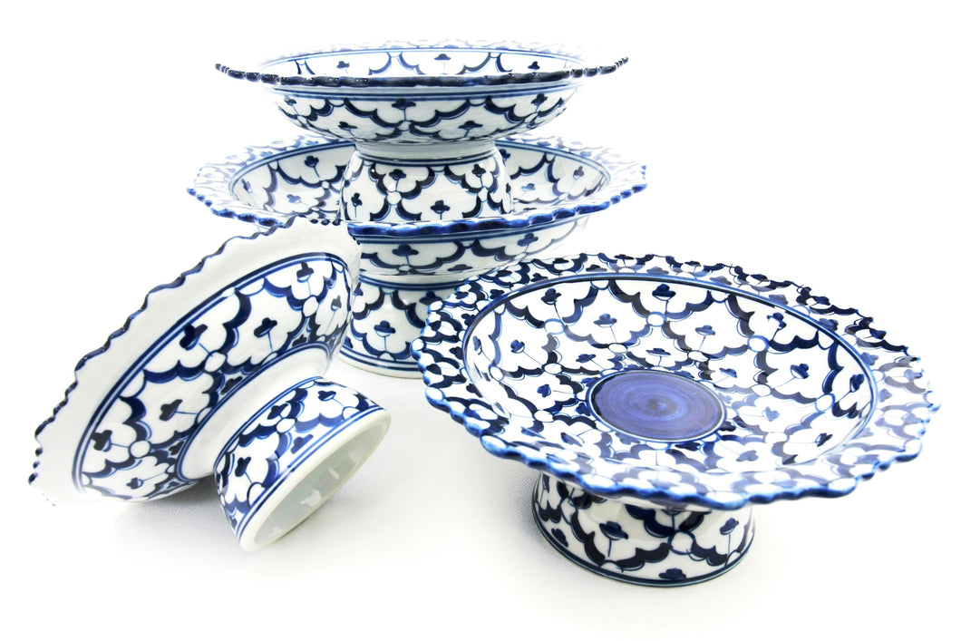 Hand painted Blue and White Pedestal Bowls - T.Karn Imports